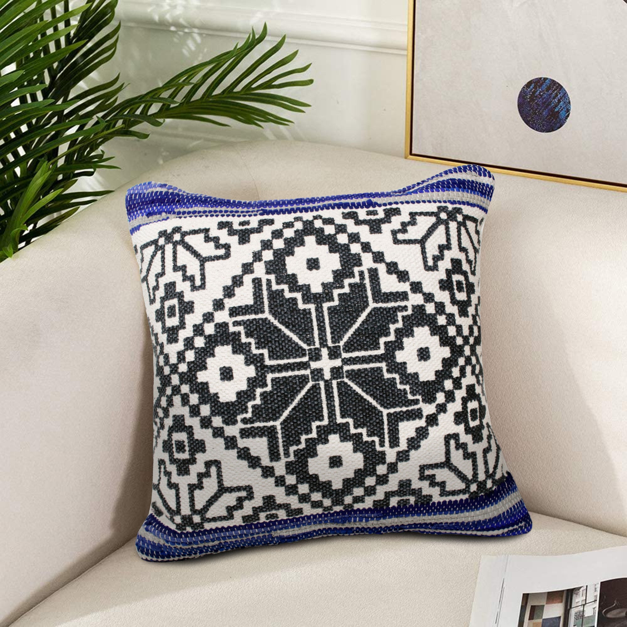 20" X 20" Blue Navy Gray And White 100% Cotton Geometric Zippered Pillow