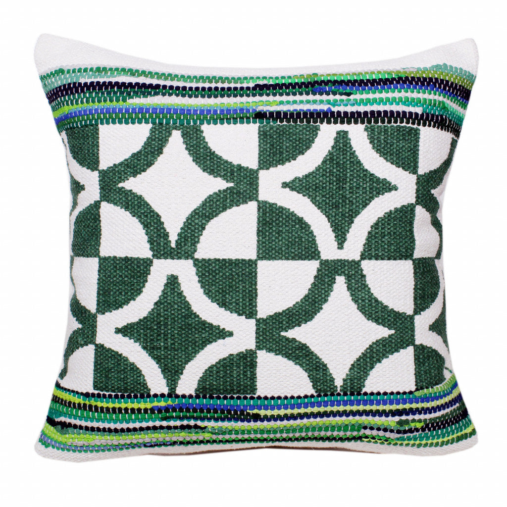 20" Green and White Cotton Throw Pillow