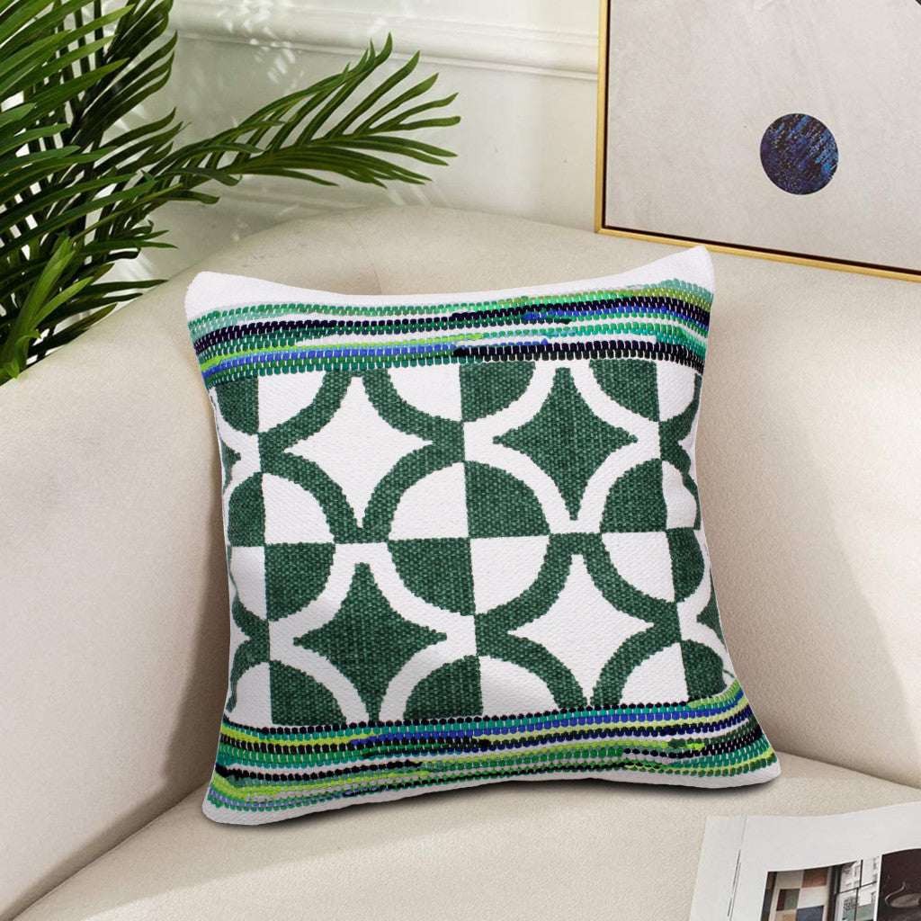 20" Green and White Cotton Throw Pillow