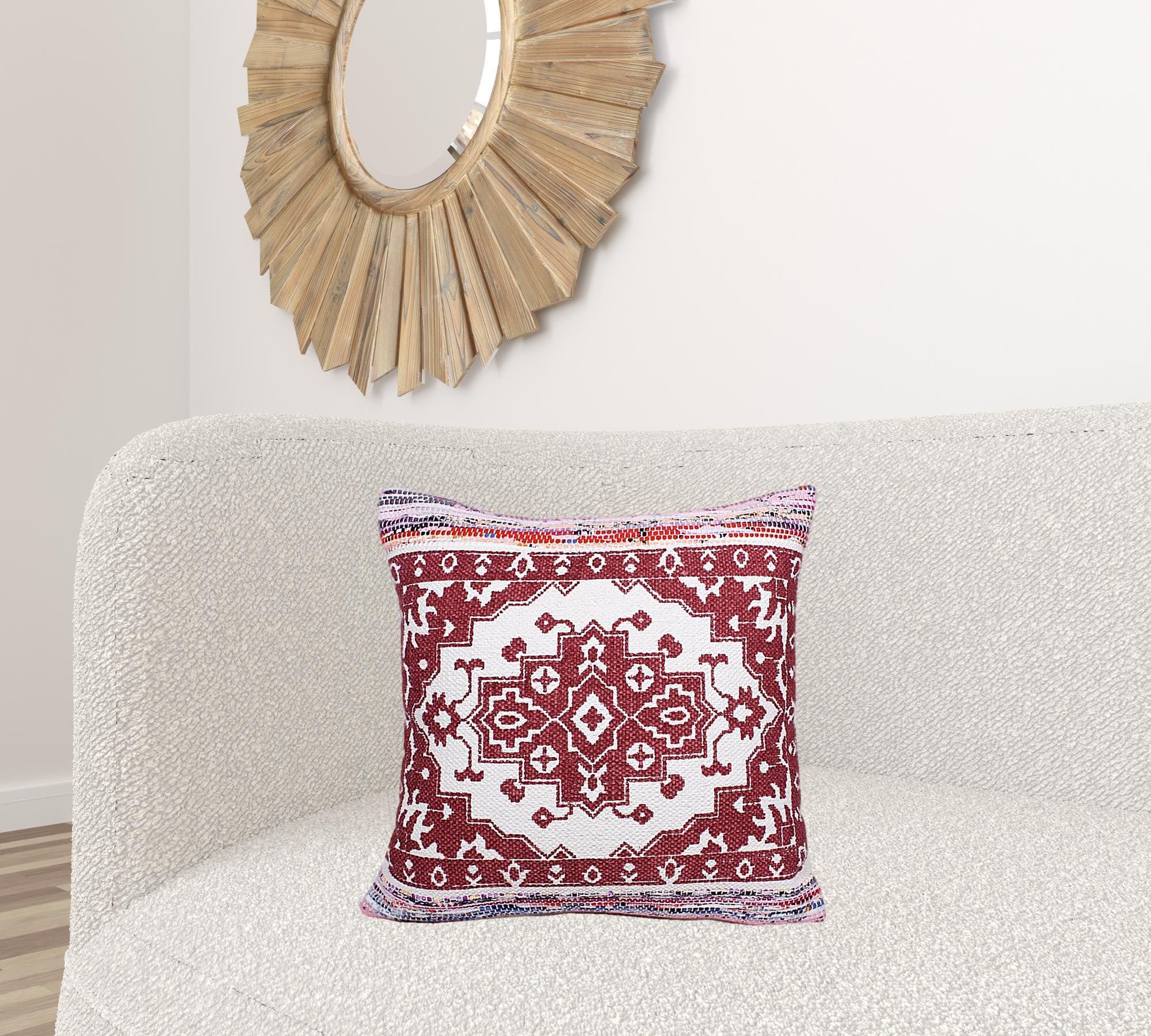 20" X 20" Red White Purple And Pink 100% Cotton Geometric Zippered Pillow