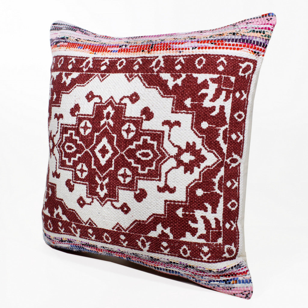 20" X 20" Red White Purple And Pink 100% Cotton Geometric Zippered Pillow