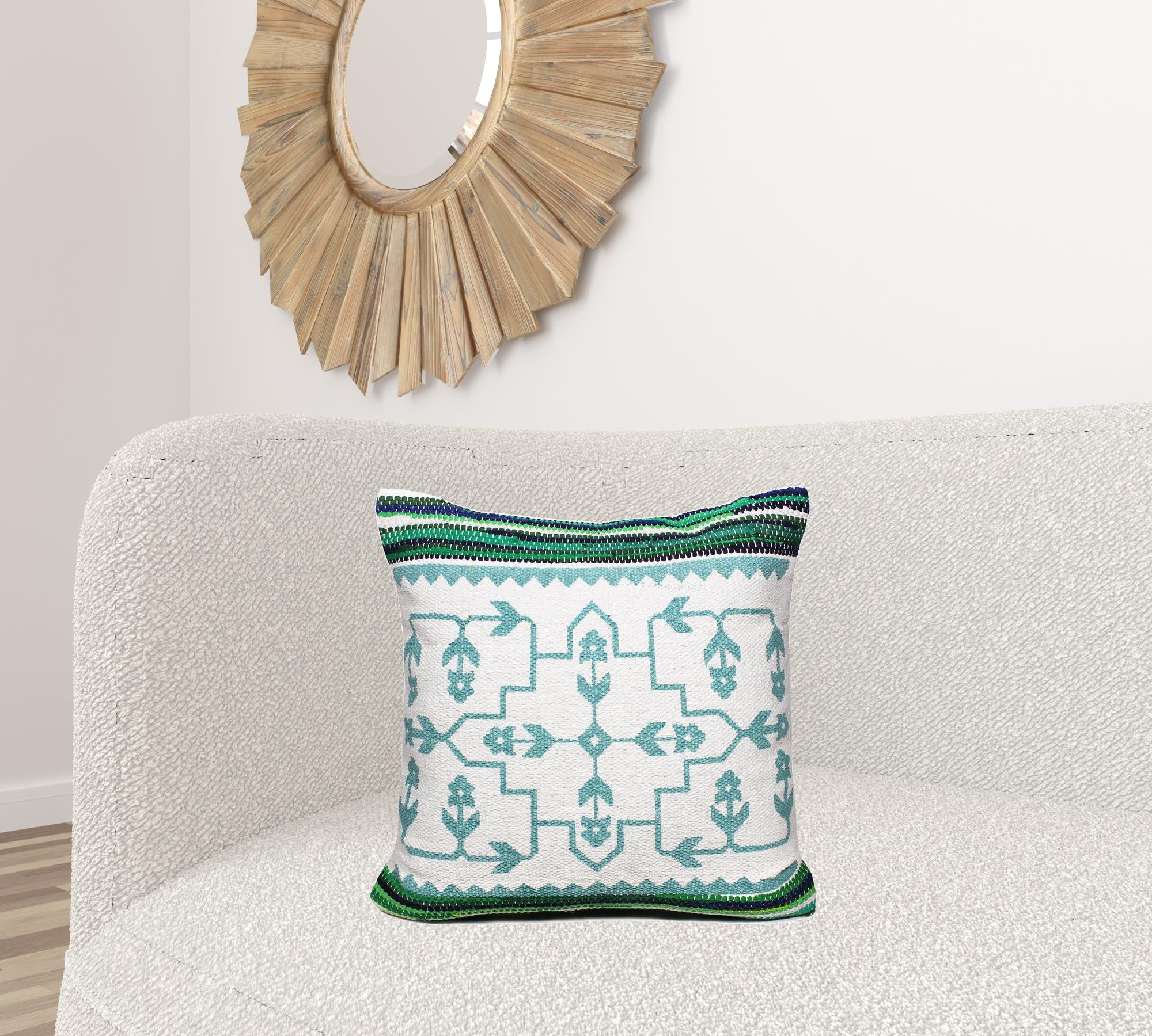 20" X 20" Green White And Blue 100% Cotton Geometric Zippered Pillow