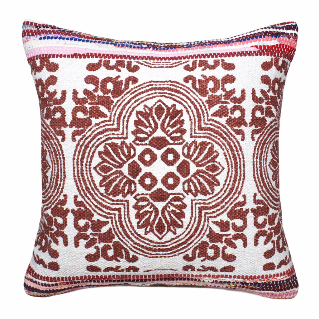 20" X 20" Red White Purple And Pink 100% Cotton Geometric Zippered Pillow