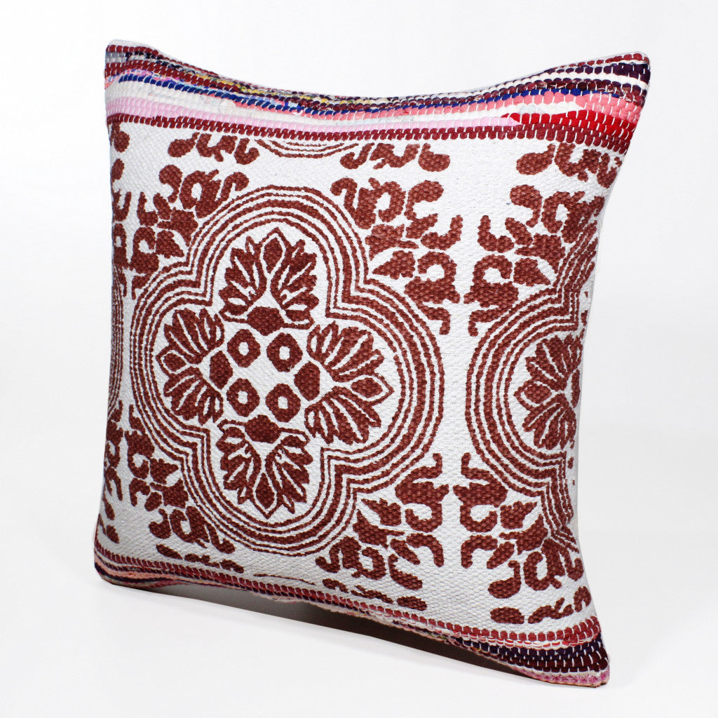 20" X 20" Red White Purple And Pink 100% Cotton Geometric Zippered Pillow