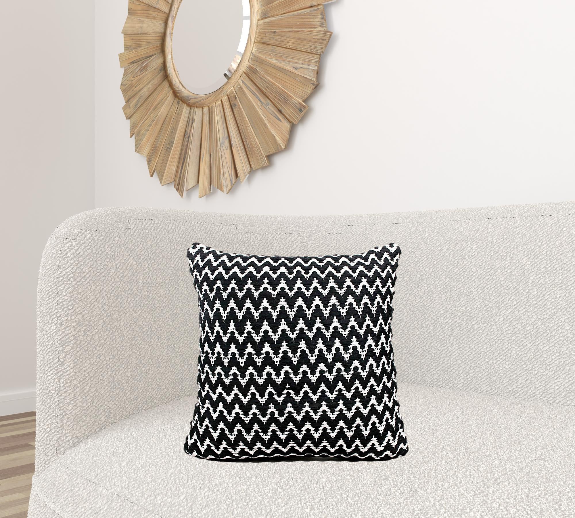 20" X 20" Black And White Polyester Chevron Zippered Pillow