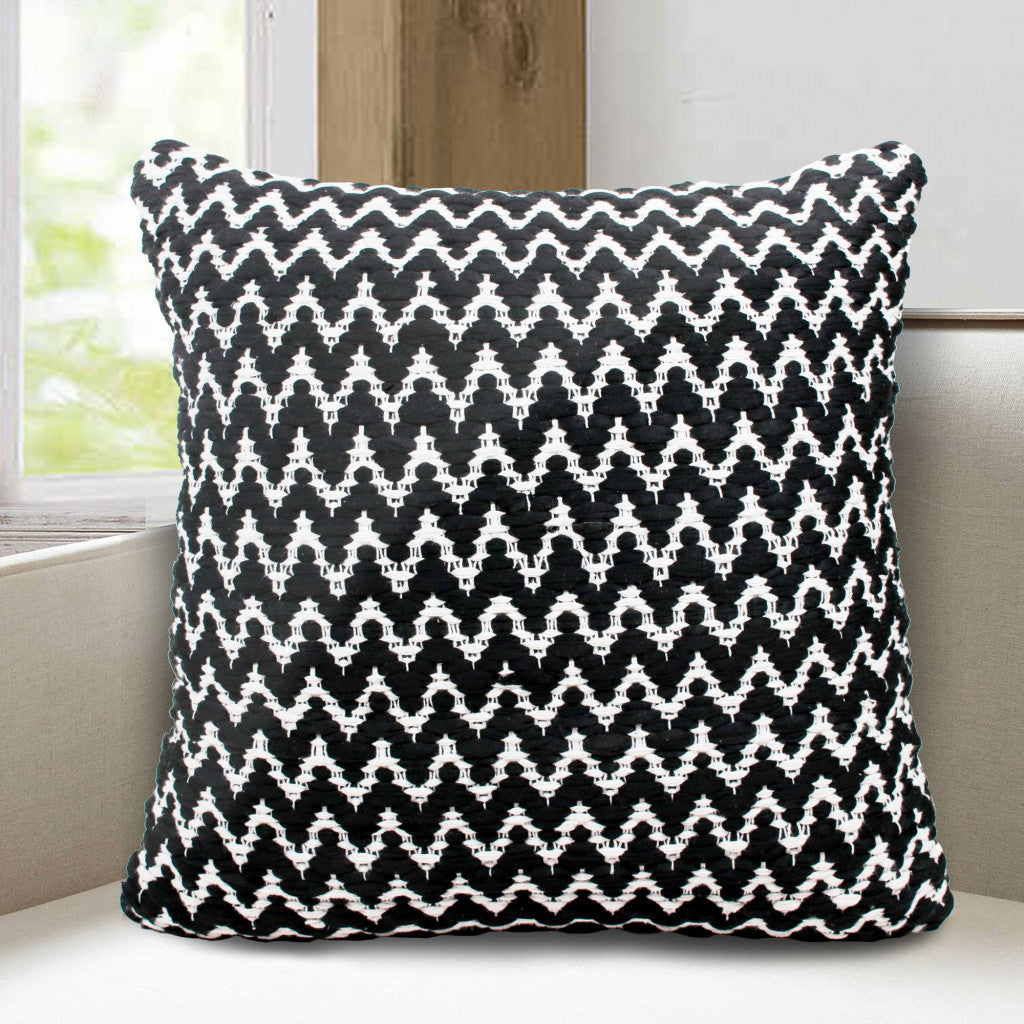 20" X 20" Black And White Polyester Chevron Zippered Pillow