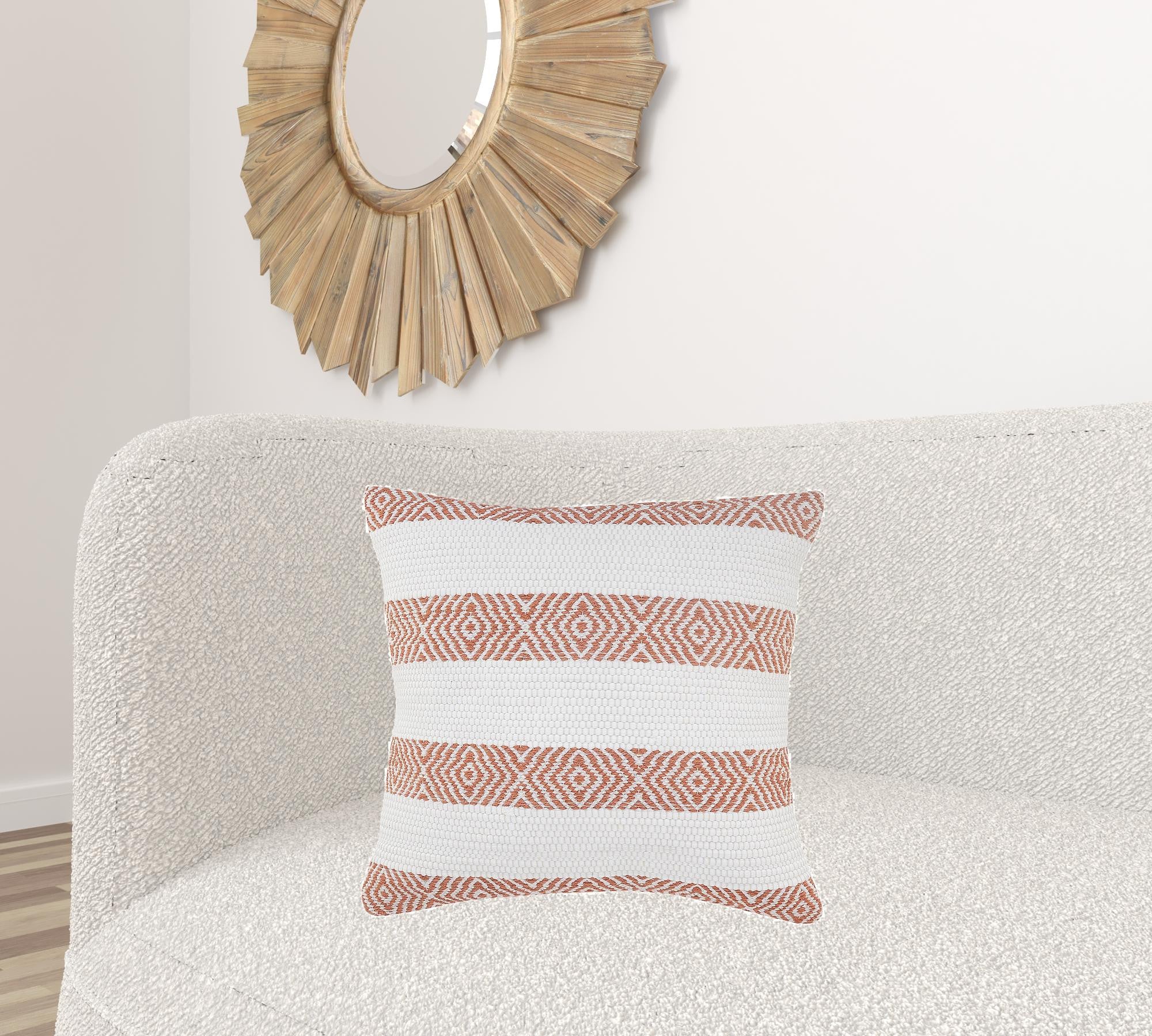 20" X 20" Orange And White 100% Cotton Striped Zippered Pillow