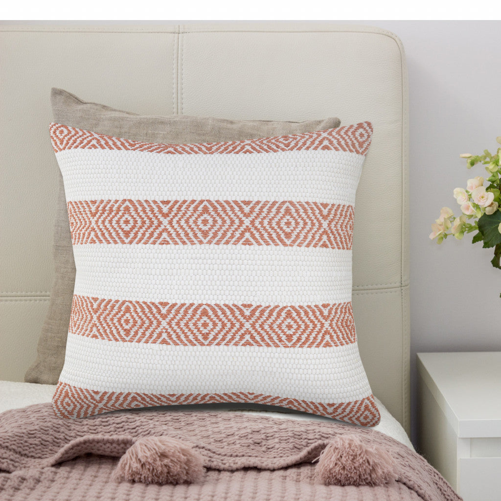 20" X 20" Orange And White 100% Cotton Striped Zippered Pillow