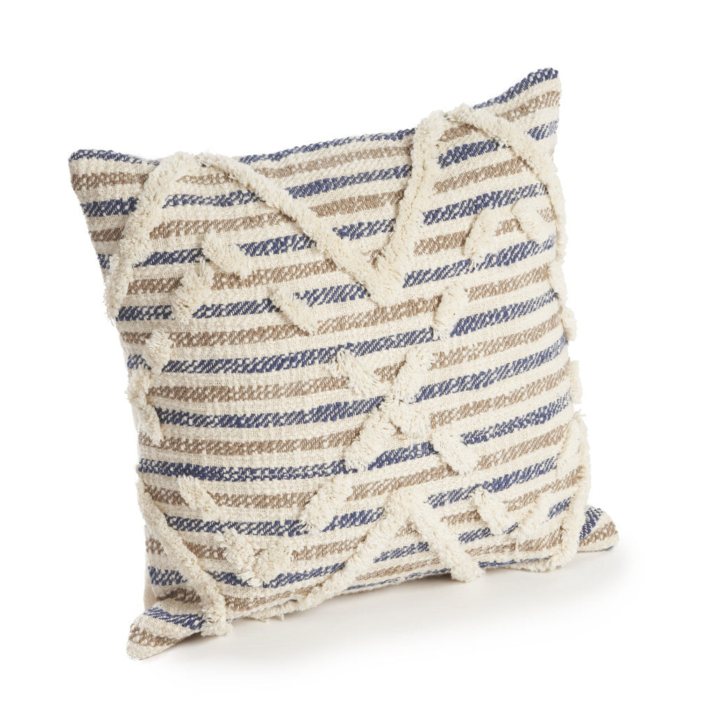 18" X 18" Blue and Beige Striped Cotton Zippered Pillow