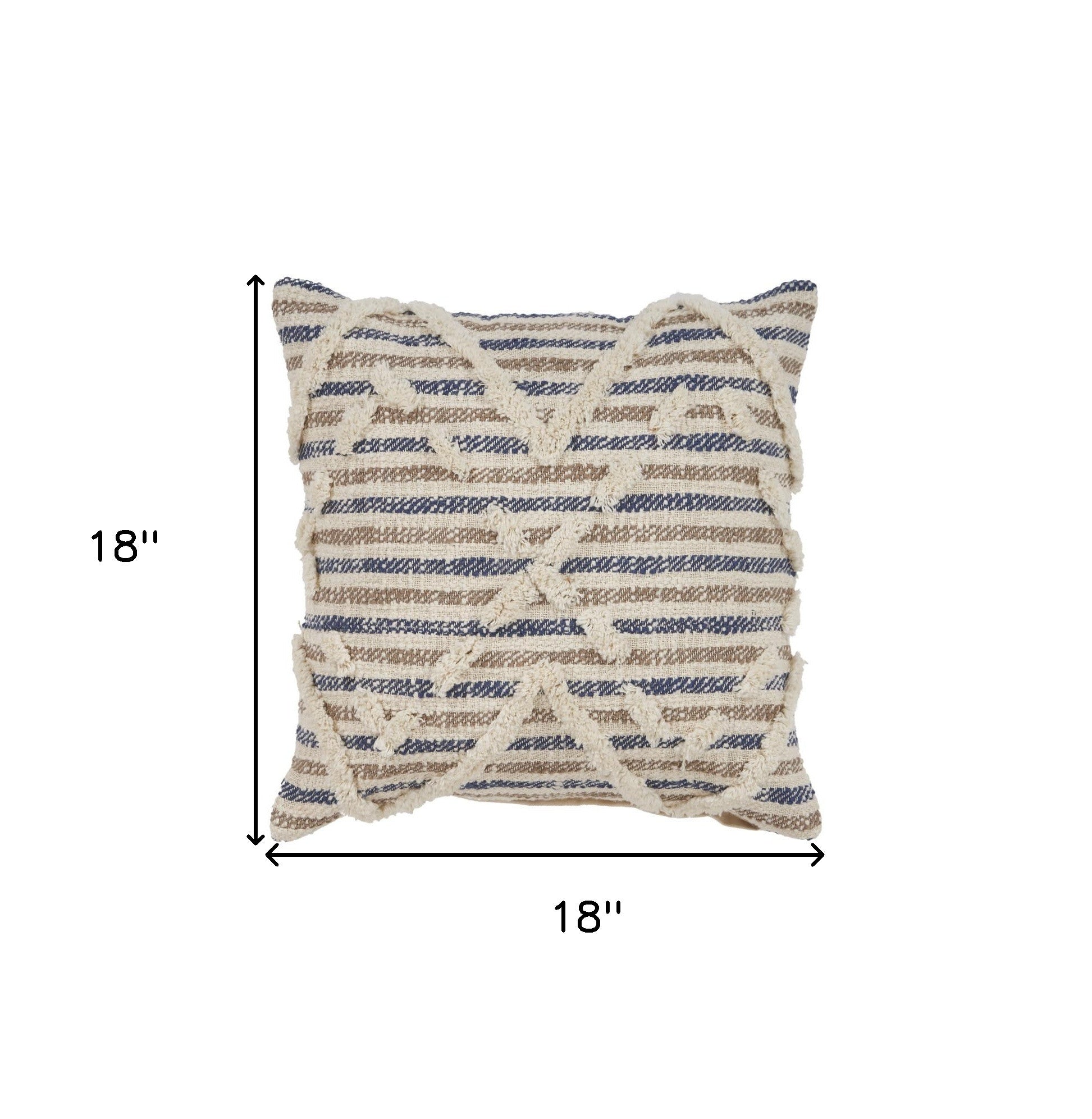 18" X 18" Blue and Beige Striped Cotton Zippered Pillow