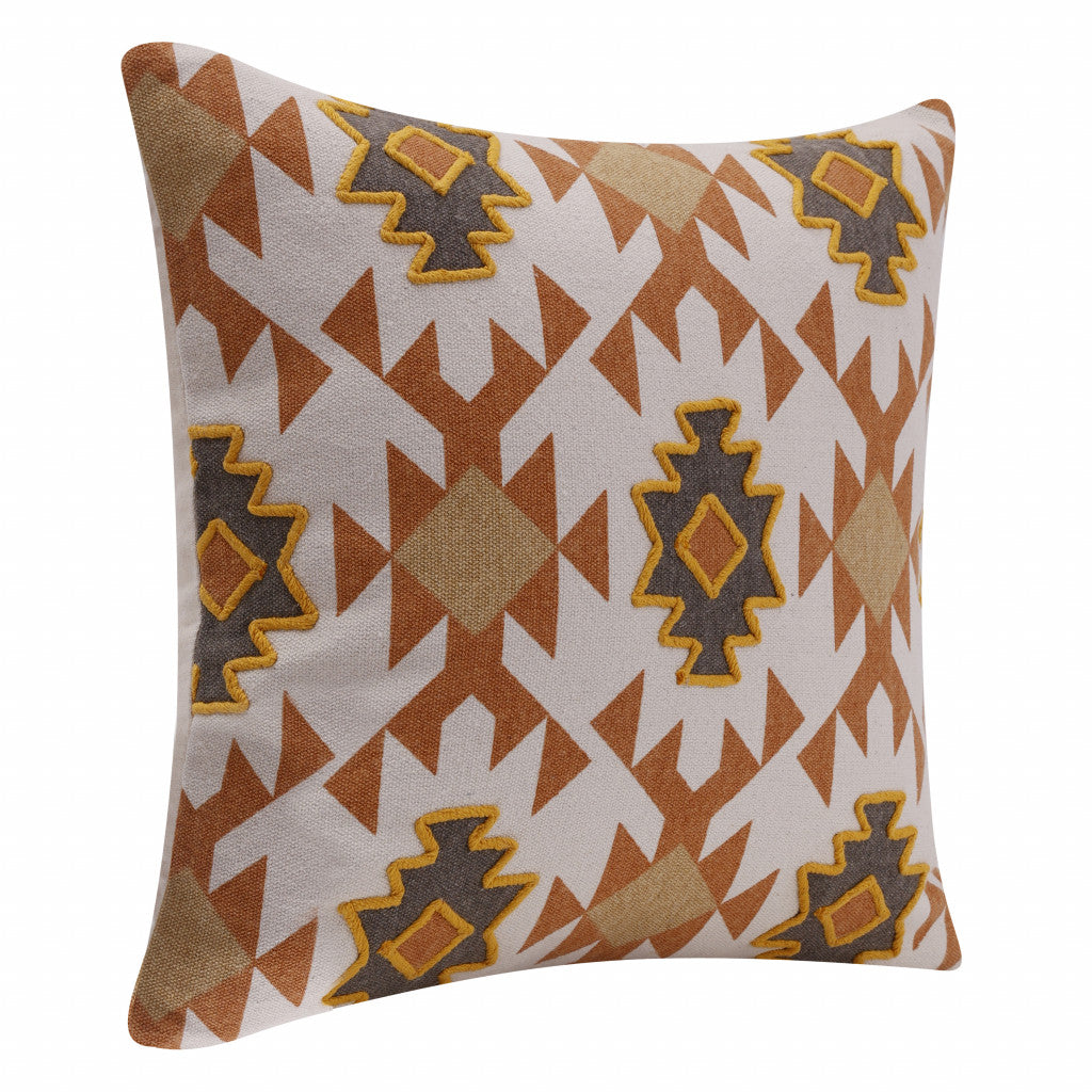 20" X 20" Orange 100% Cotton Geometric Zippered Pillow