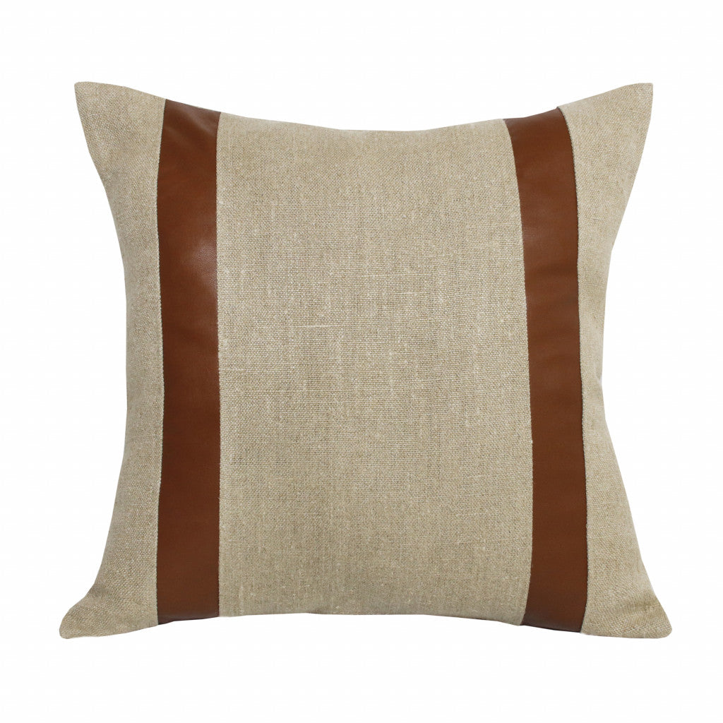 20" X 20" Beige And Brown Linen Striped Zippered Pillow