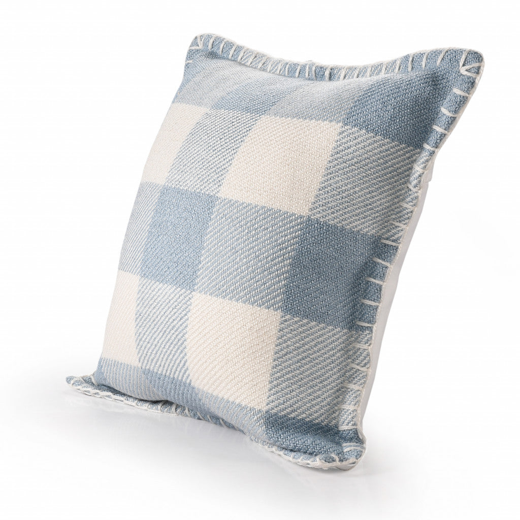 20" X 20" Light Blue And Ivory Polyester Plaid Zippered Pillow