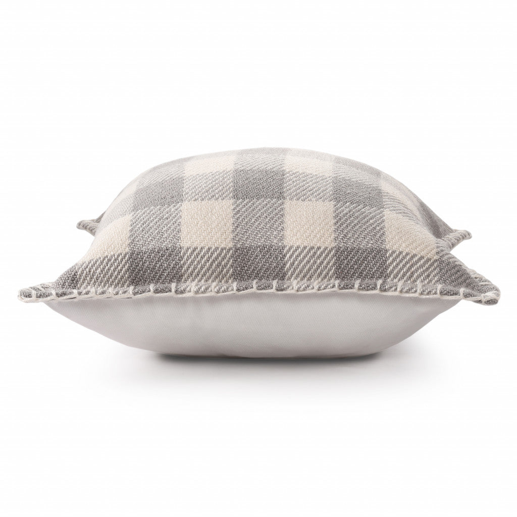 20" X 20" Light Gray And Ivory Polyester Plaid Zippered Pillow