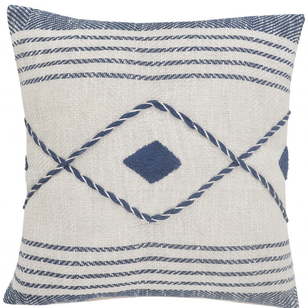 20" Ivory and Blue Coastal Cotton Throw Pillow With Texture