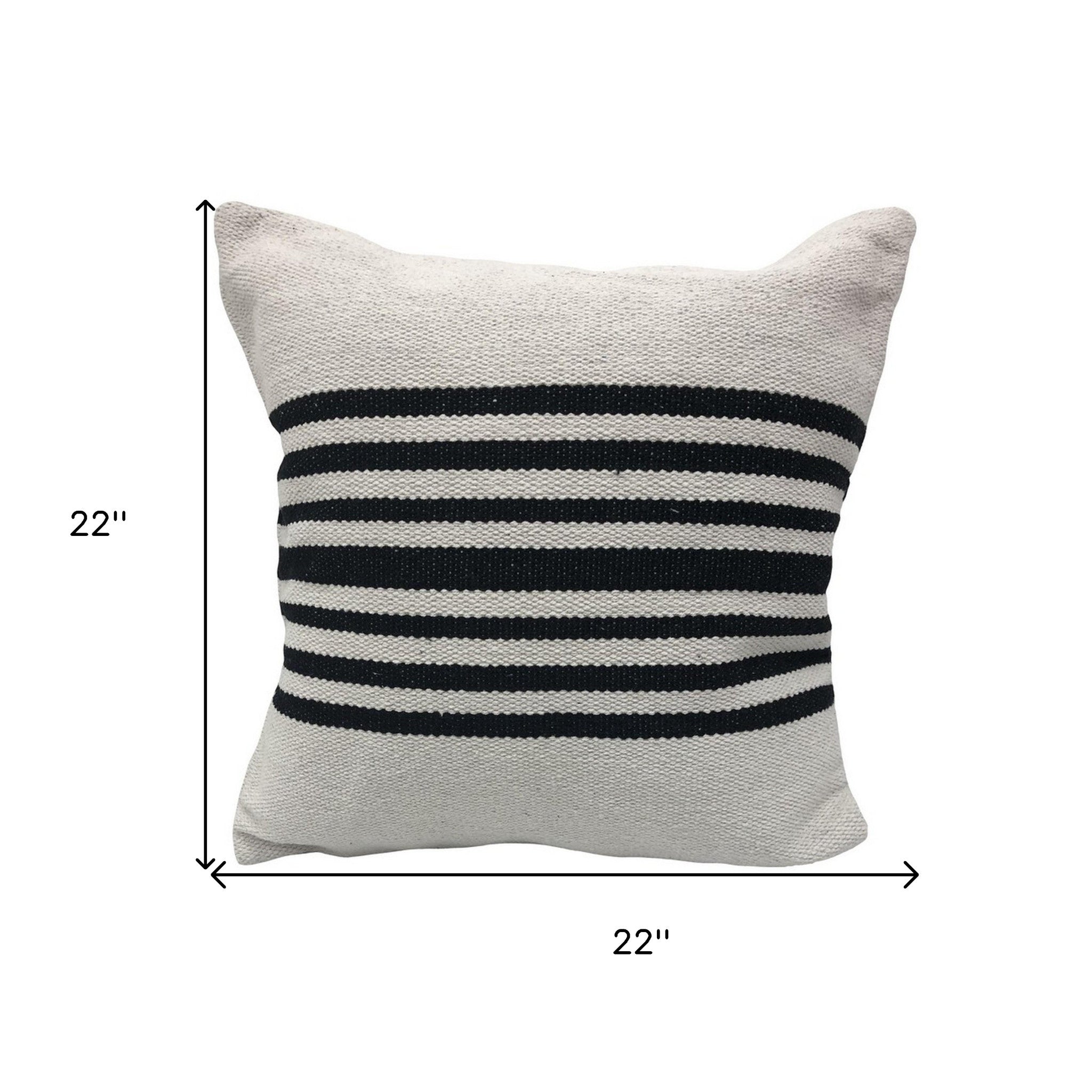 22" X 22" Black and White Striped Cotton Zippered Pillow