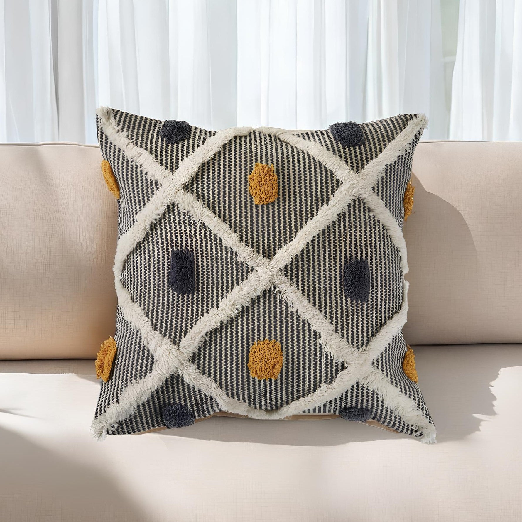 20" Gray Ivory and Yellow Striped Cotton Throw Pillow With Texture