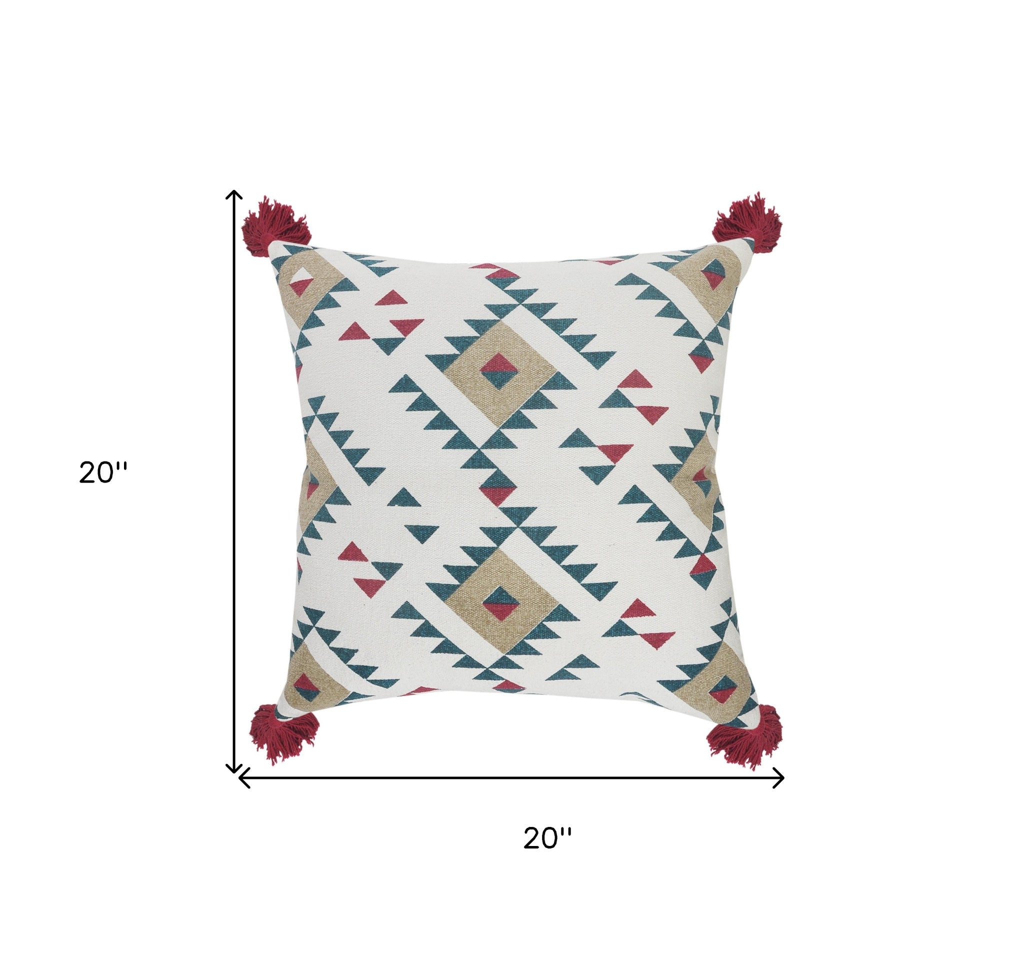 20" X 20" White Burgundy Tan And Teal 100% Cotton Geometric Zippered Pillow