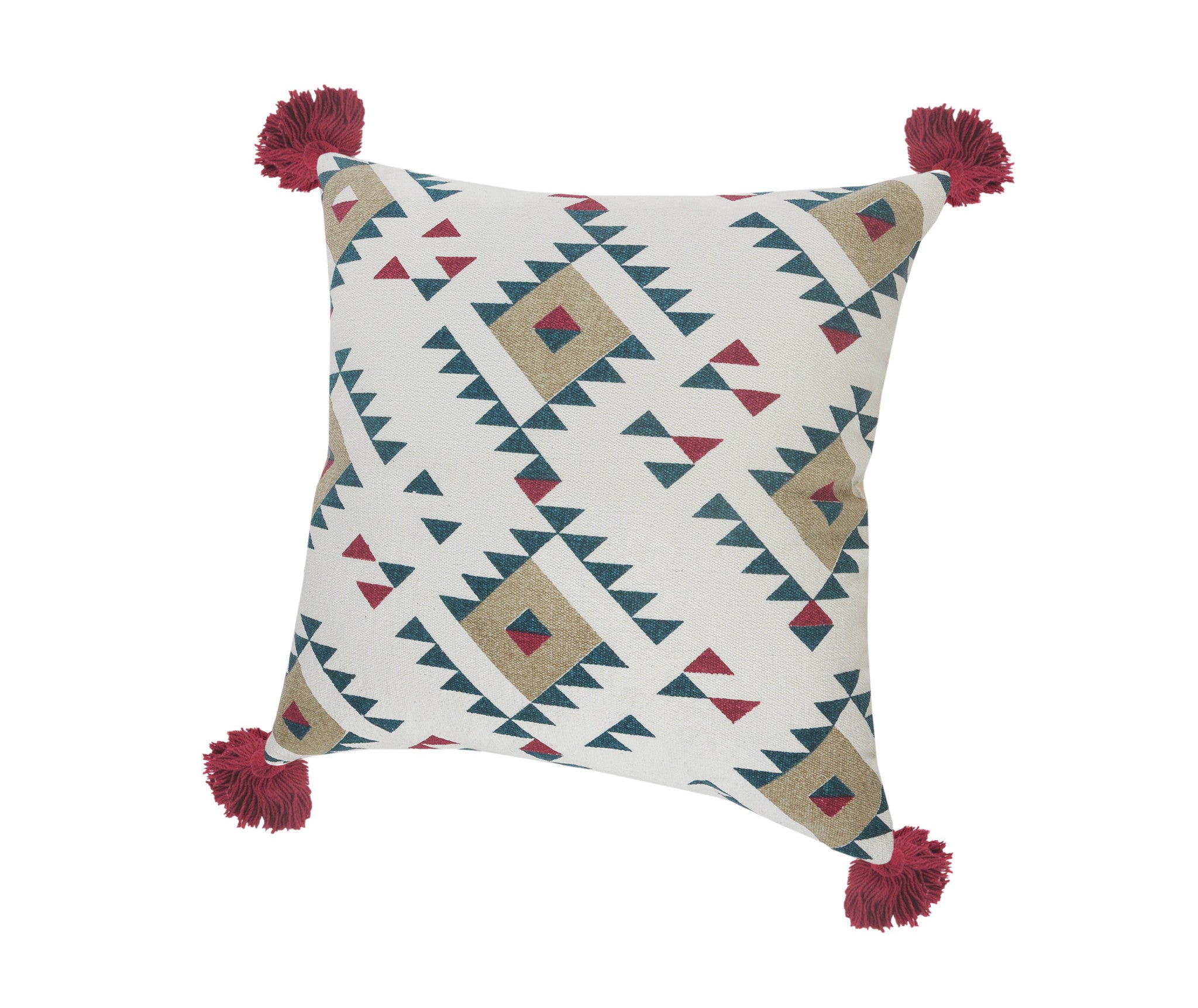 20" X 20" White Burgundy Tan And Teal 100% Cotton Geometric Zippered Pillow