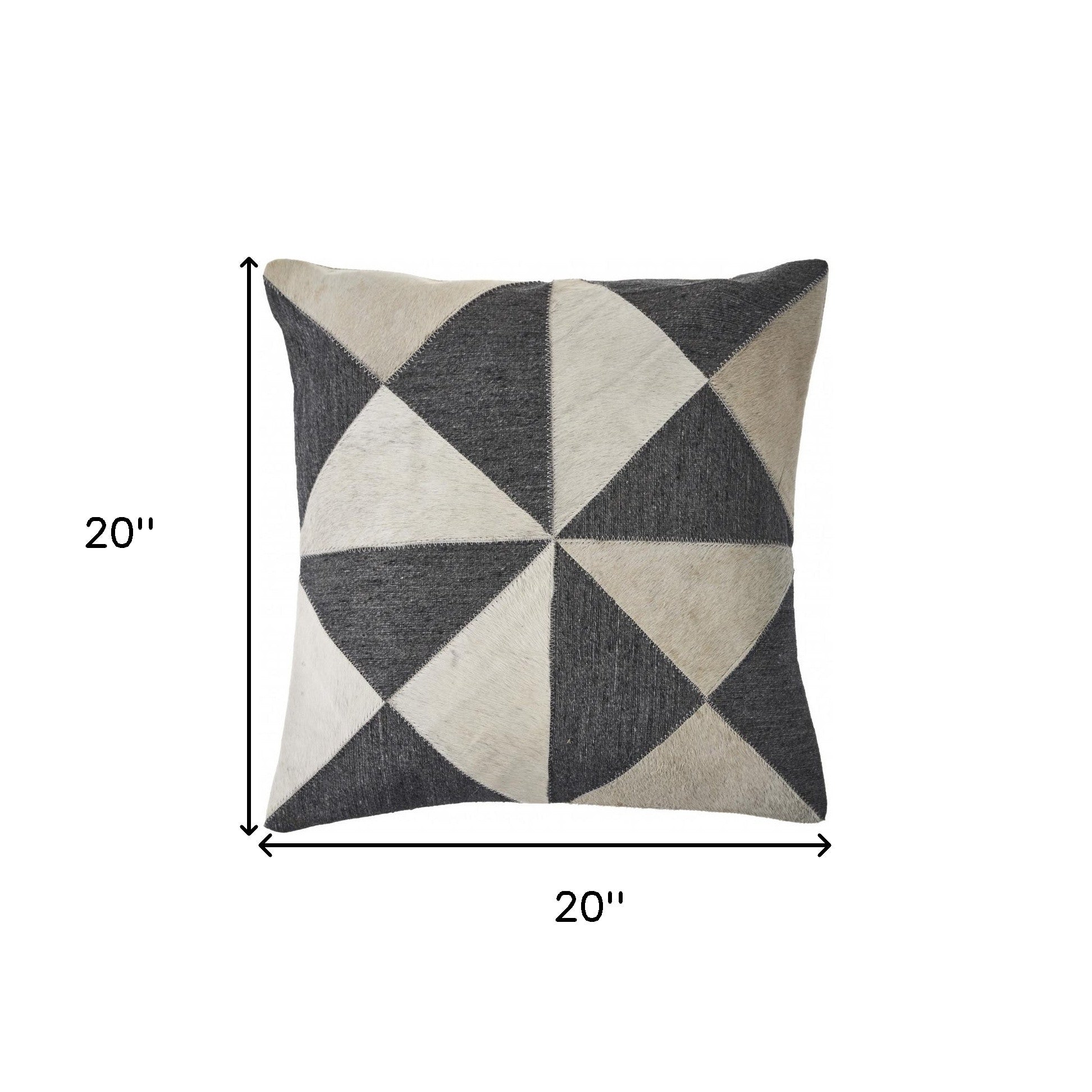 20" Charcoal and Ivory Geometric Wool And Faux Leather Throw Pillow