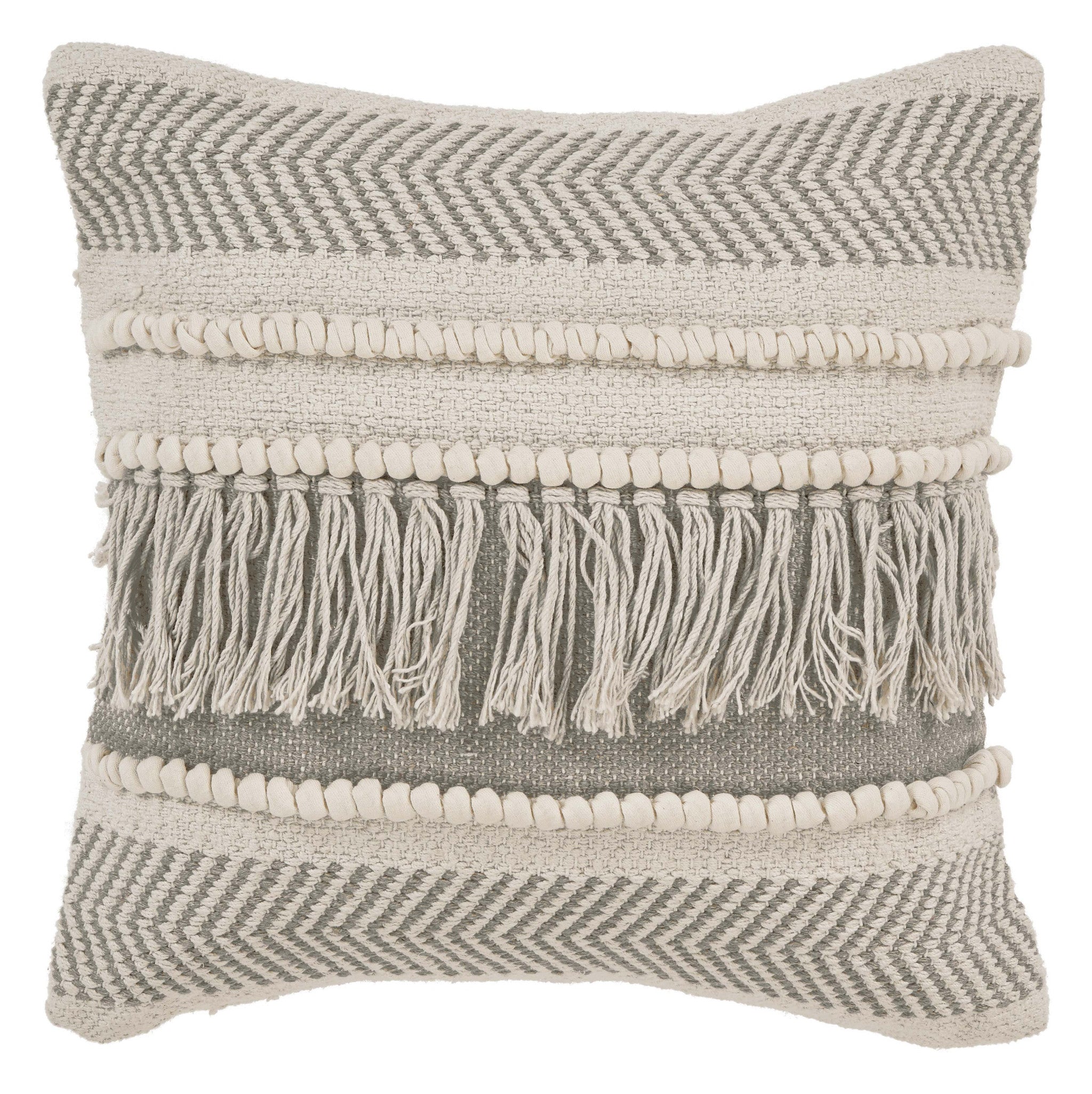 20" X 20" Beige and Ivory Chevron Cotton Zippered Pillow With Fringe