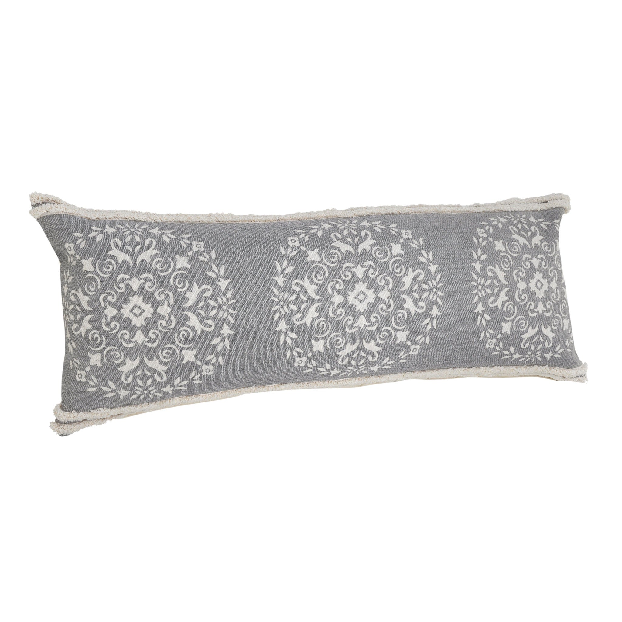 14" X 36" Gray And White 100% Cotton Geometric Zippered Pillow