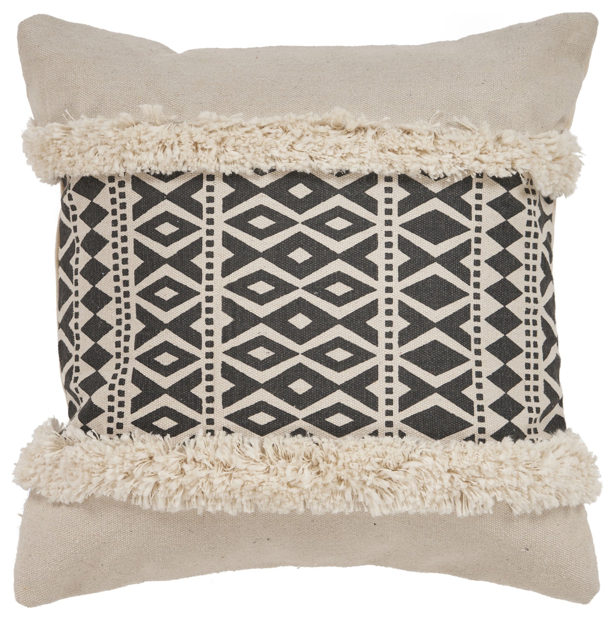 18" X 18" Tan and Black Geometric Cotton Zippered Pillow With Shag