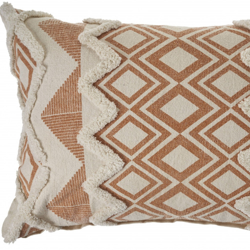 14" X 36" Orange And Cream 100% Cotton Geometric Zippered Pillow