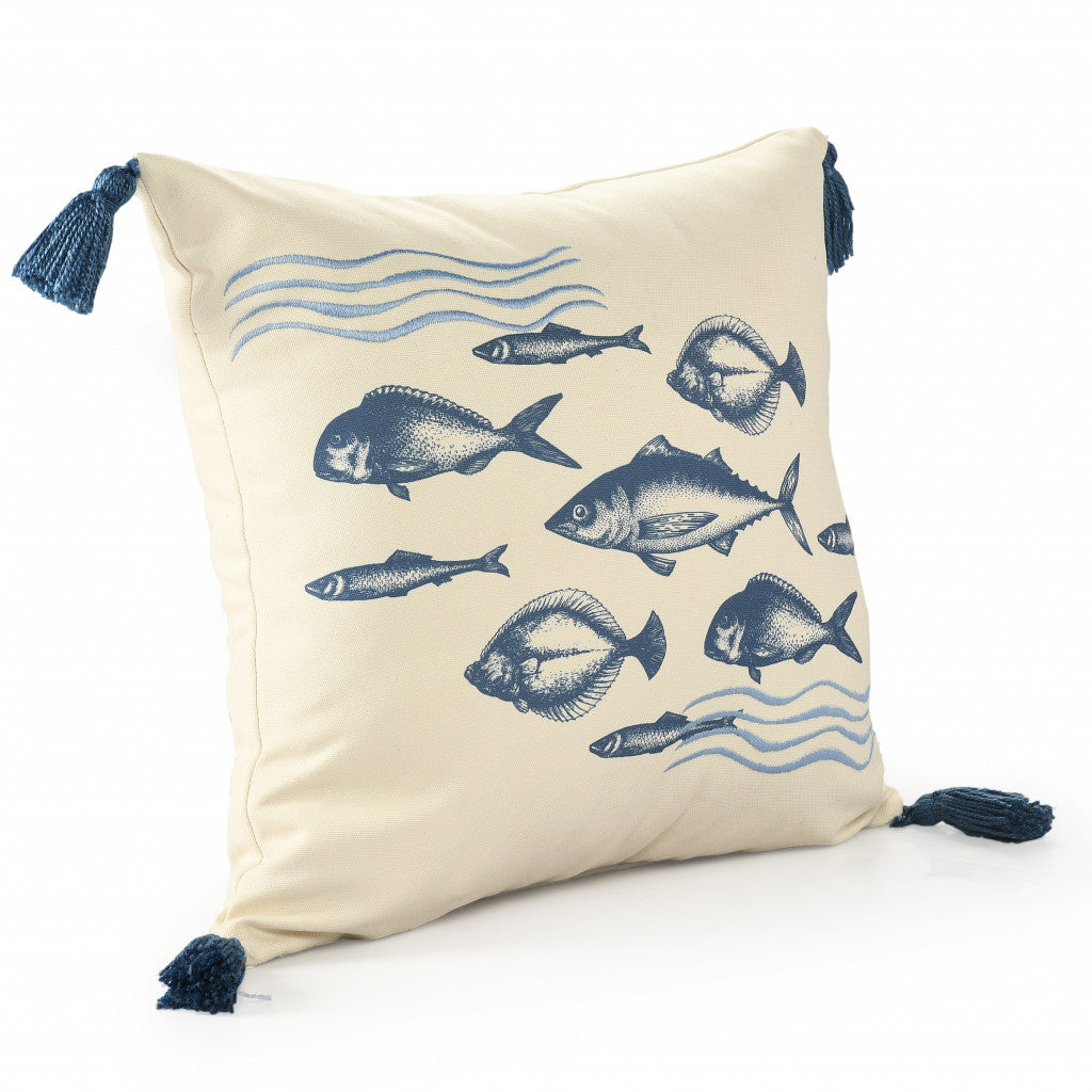 20" Blue and Beige Fish Throw Pillow