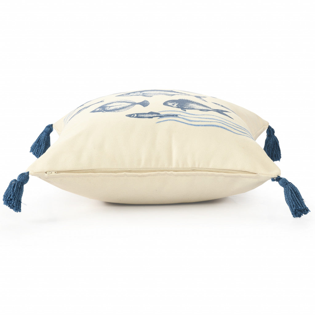 20" Blue and Beige Fish Throw Pillow