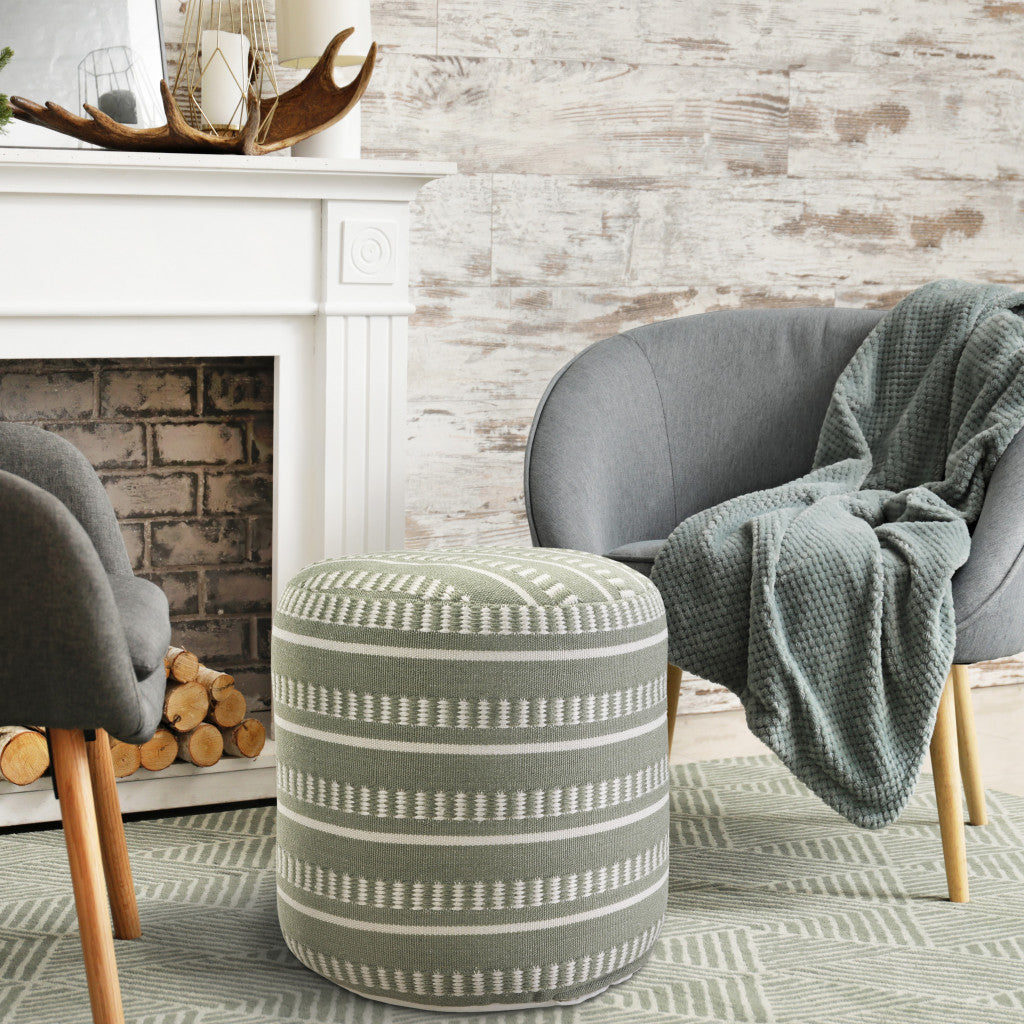 20" Green Polyester Round Striped Indoor Outdoor Pouf Ottoman