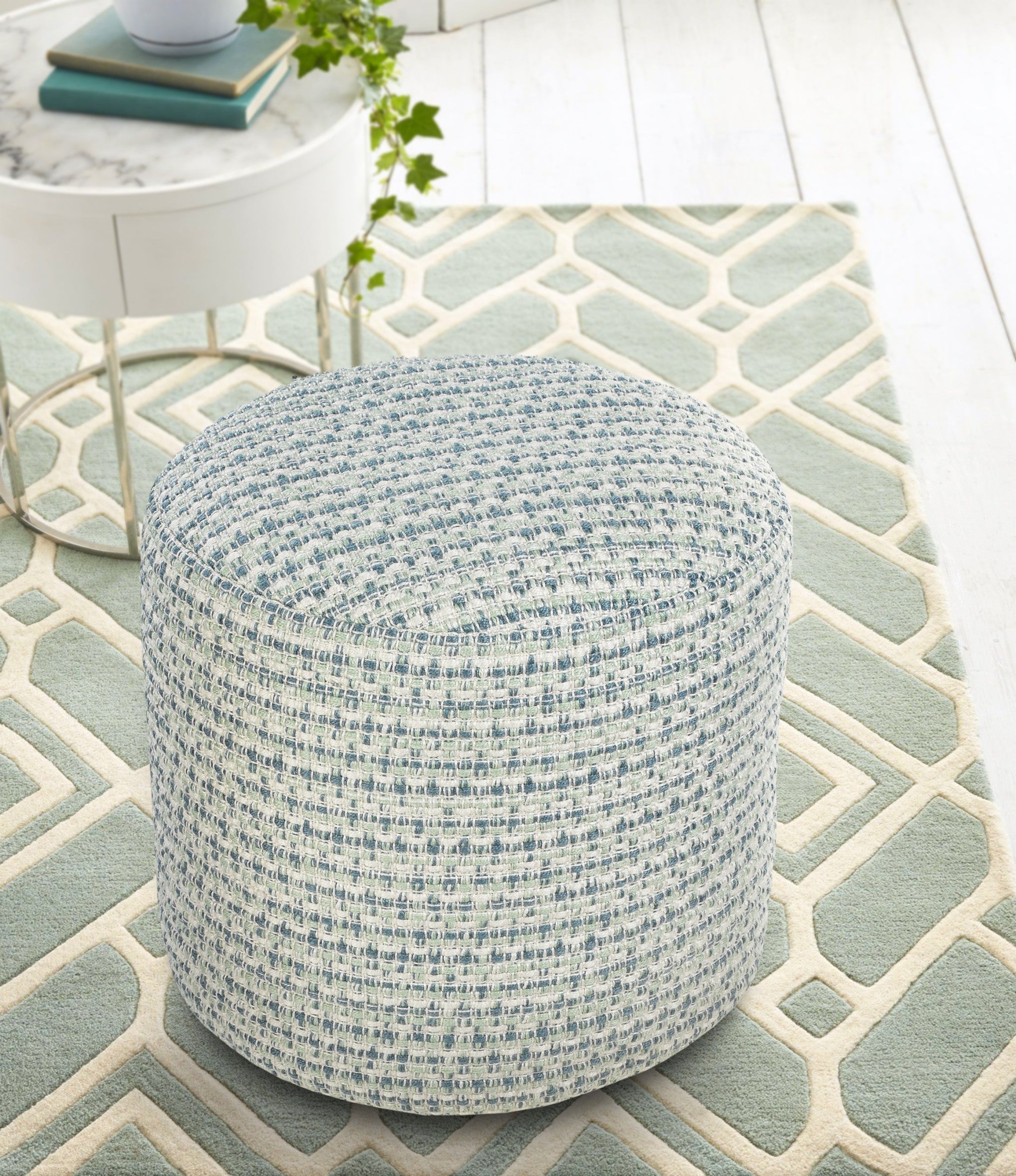 20" Blue Polyester Round Geometric Indoor Outdoor Pouf Ottoman