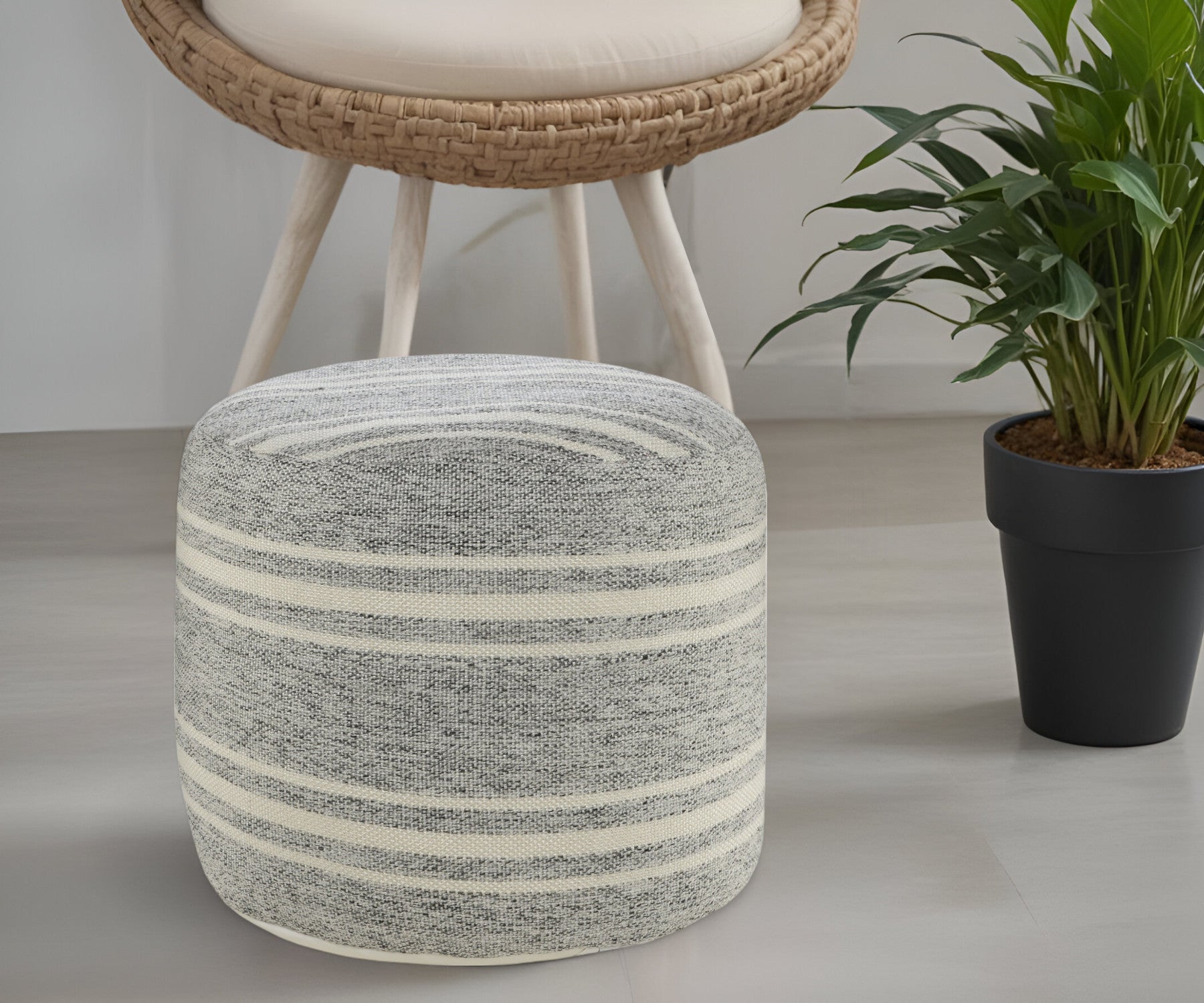 18" Gray Polyester Round Striped Indoor Outdoor Pouf Ottoman