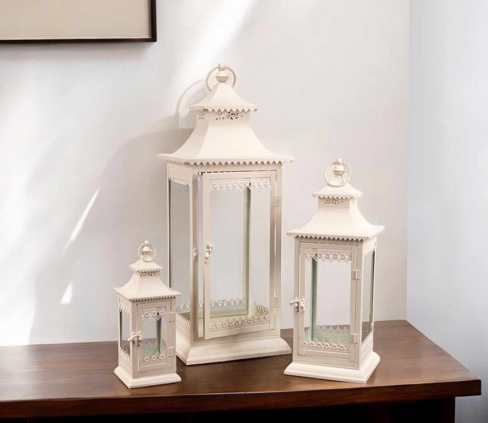 Set of Three Ivory Glass and Metal Ornate Floor Lantern Candle Holders