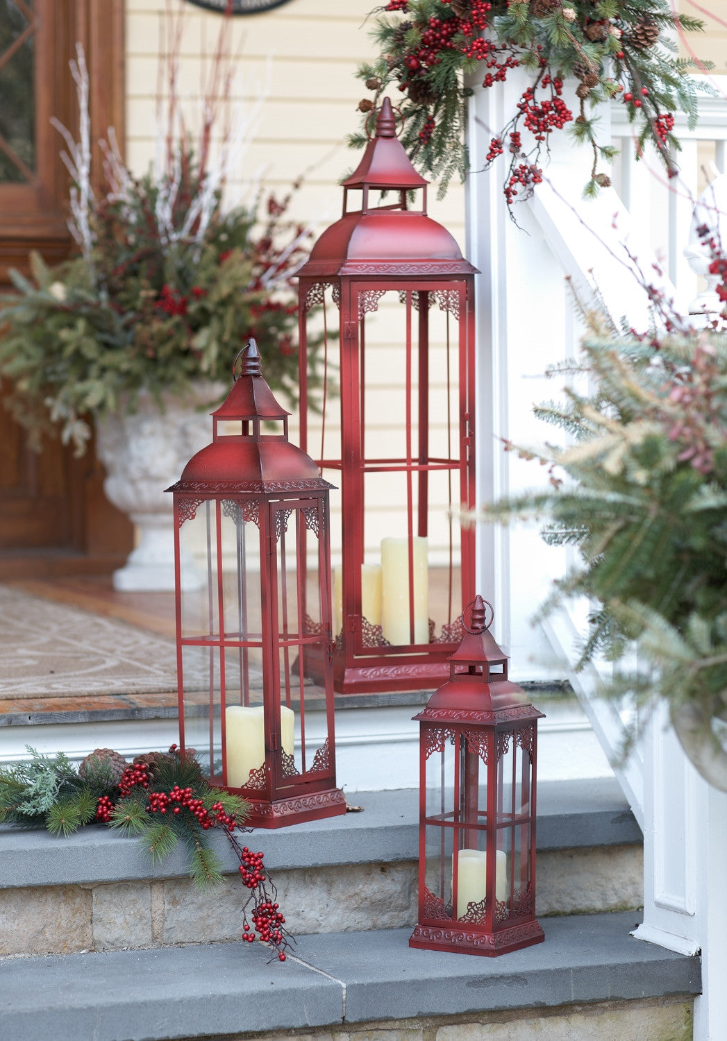 Set of Three Red Glass and Metal Ornate Floor Lantern Candle Holders