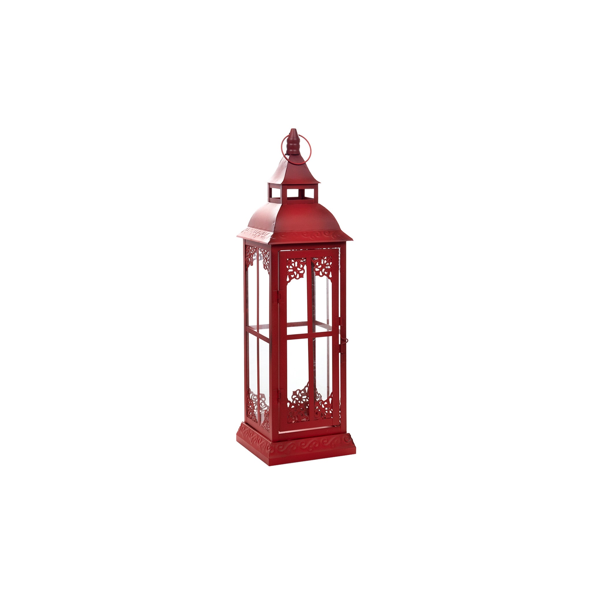 Set of Three Red Glass and Metal Ornate Floor Lantern Candle Holders