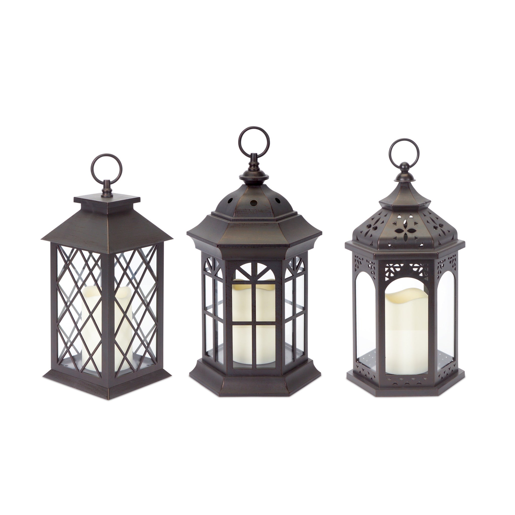 Set of Three Dark Brown Glass and Plastic Ornate Floor Lantern Candle Holders With Candles