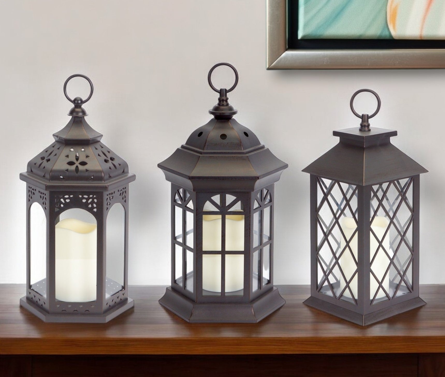 Set of Three Dark Brown Glass and Plastic Ornate Floor Lantern Candle Holders With Candles