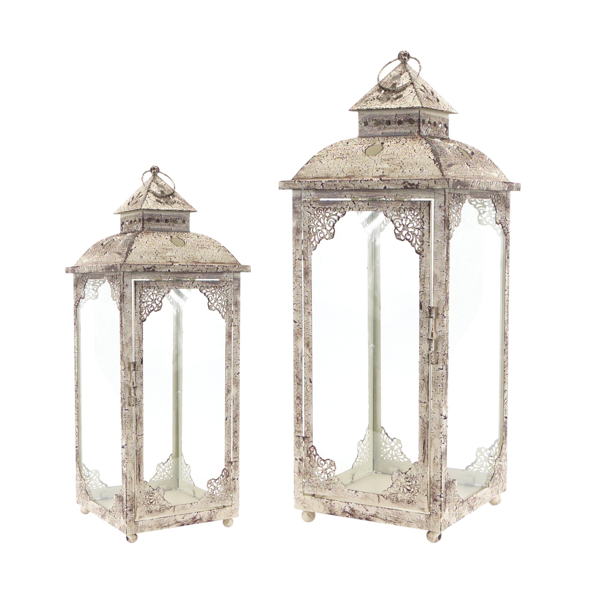 Set of Two Beige Glass and Metal Distressed Floor Lantern Candle Holders