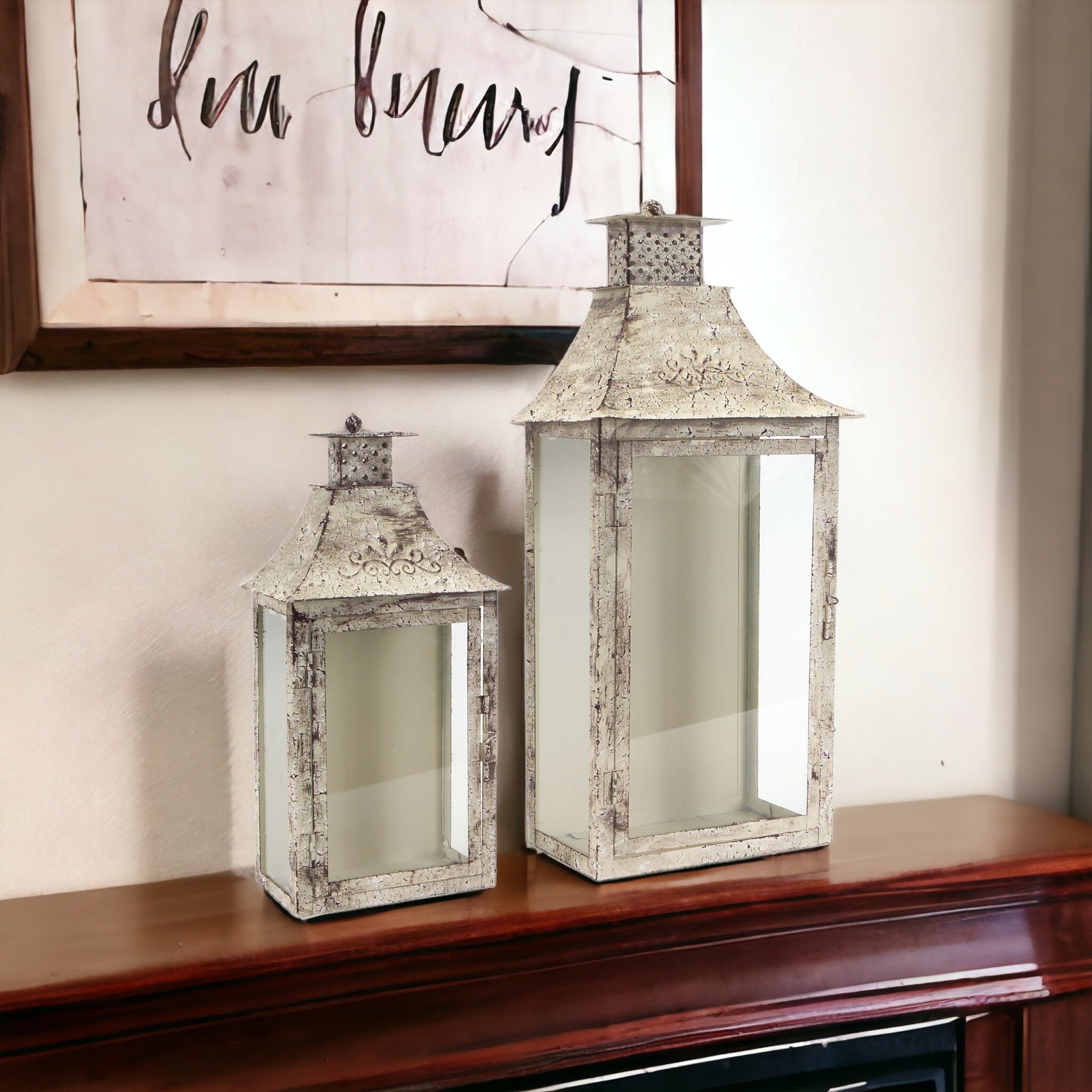 Set of Two Beige Iron and Glass Filigree Floor Lantern Candle Holders