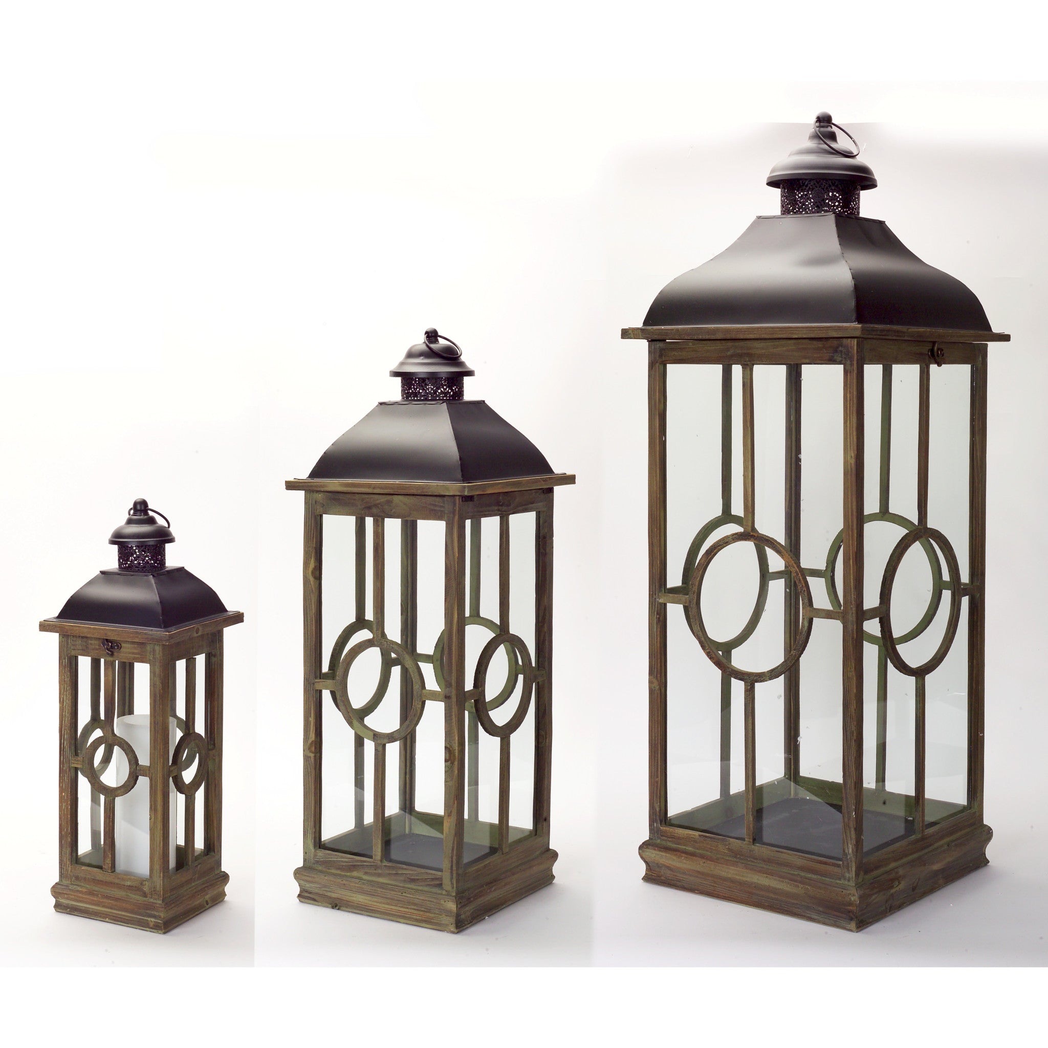 Set of Three Brown and Black Metal and Wood Geometric Floor Lantern Candle Holders