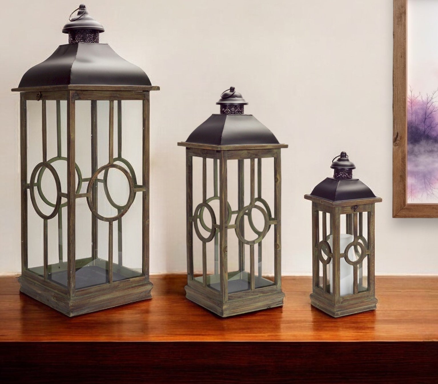 Set of Three Brown and Black Metal and Wood Geometric Floor Lantern Candle Holders