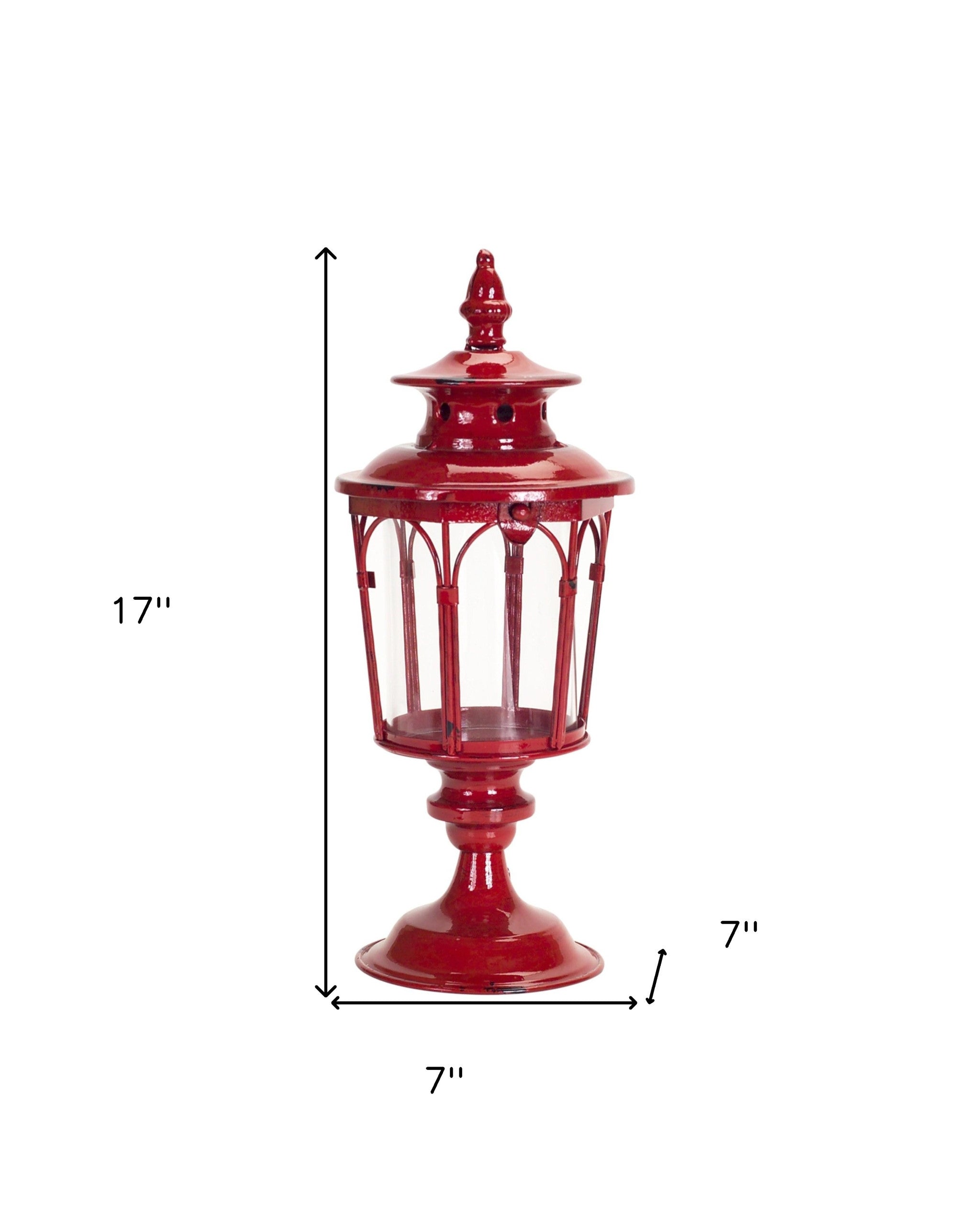 Set of Two Red Glass and Metal Distressed Tabletop Lantern Candle Holders