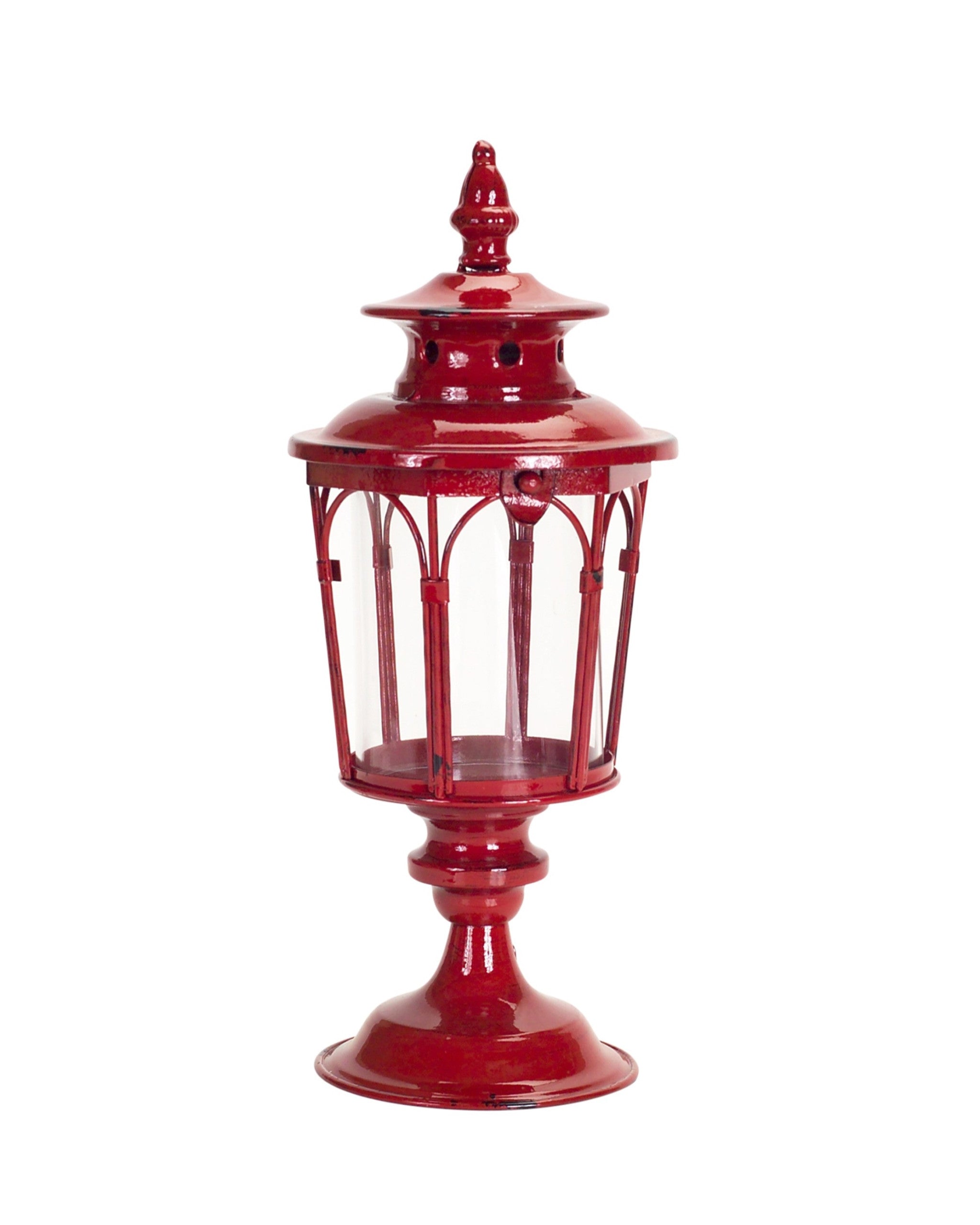 Set of Two Red Glass and Metal Distressed Tabletop Lantern Candle Holders