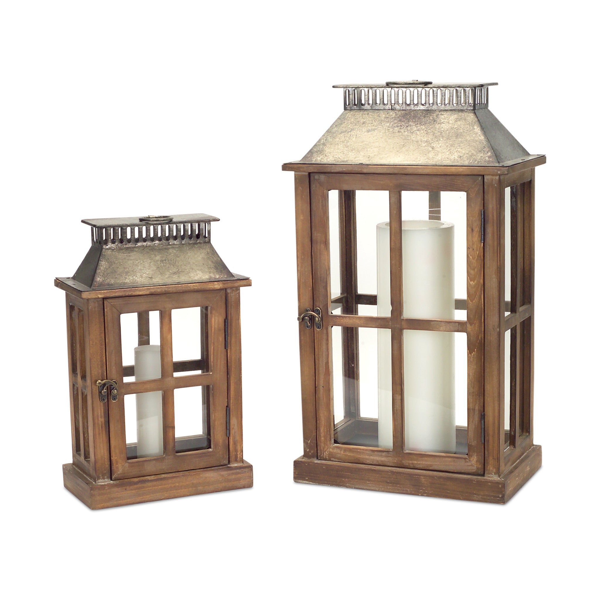 Set of Two Brown and Silver Wood and Metal Geometric Floor Lantern Candle Holders