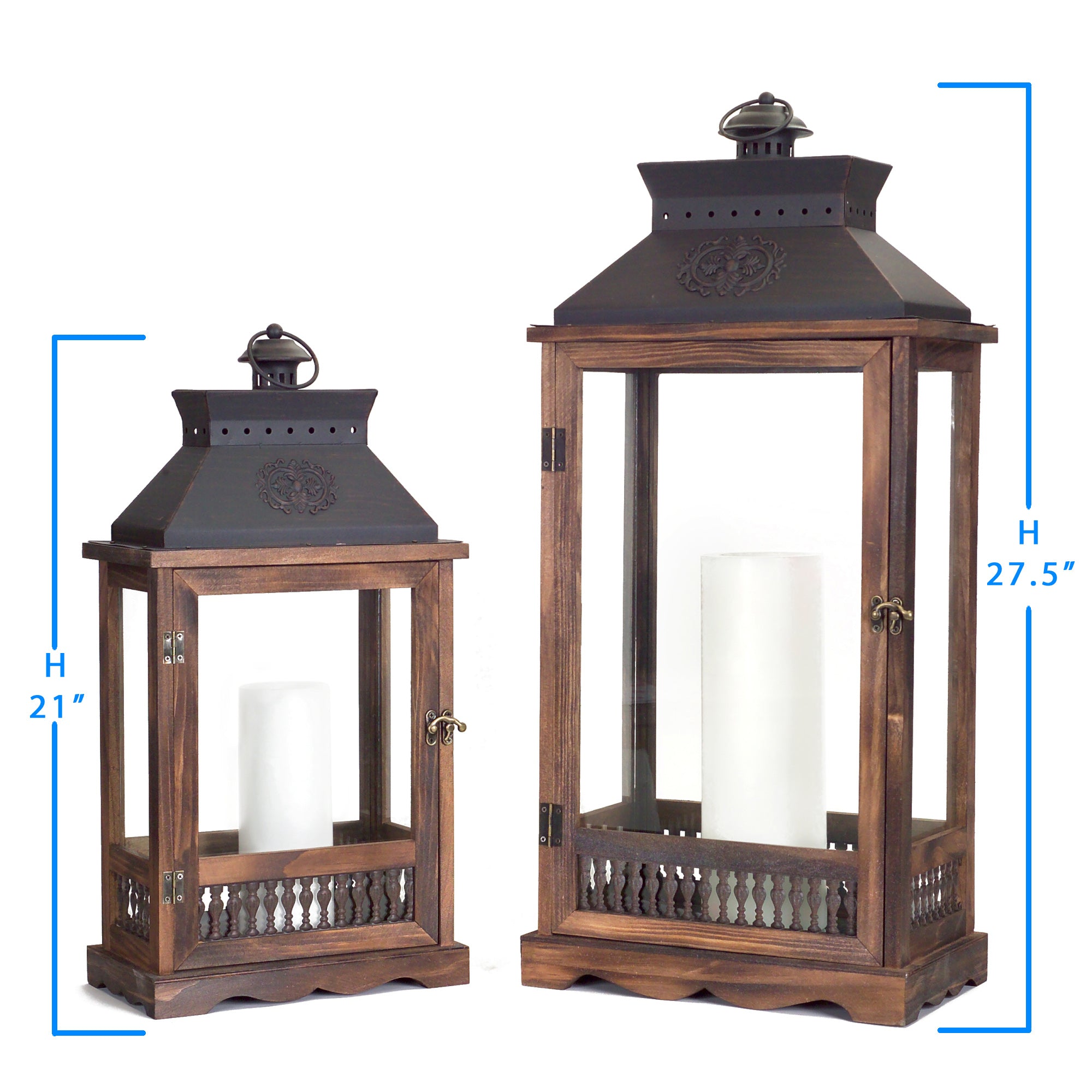 Set of Two Brown and Black Wood and Metal Rustic Floor Lantern Candle Holders