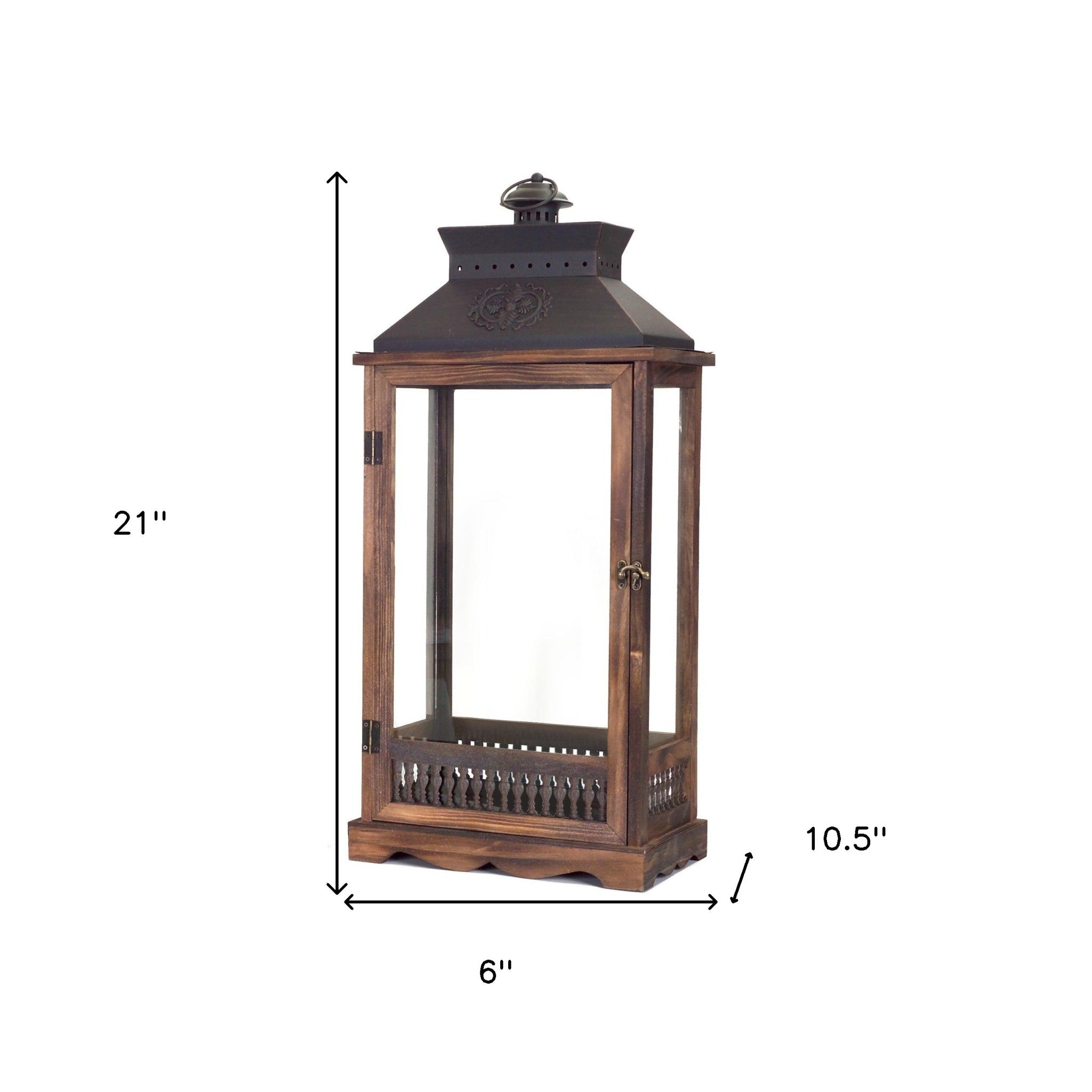 Set of Two Brown and Black Wood and Metal Rustic Floor Lantern Candle Holders