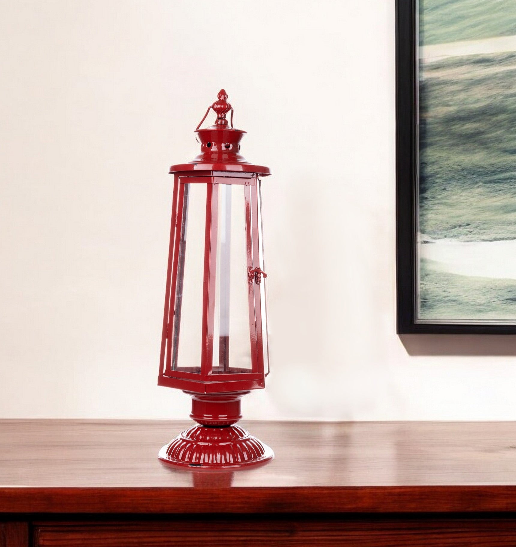 24" Red Glass and Metal Tabletop Lantern Candle Holder