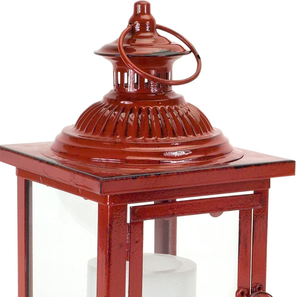 Set of Two Red Glass and Metal Geometric Floor Lantern Candle Holders