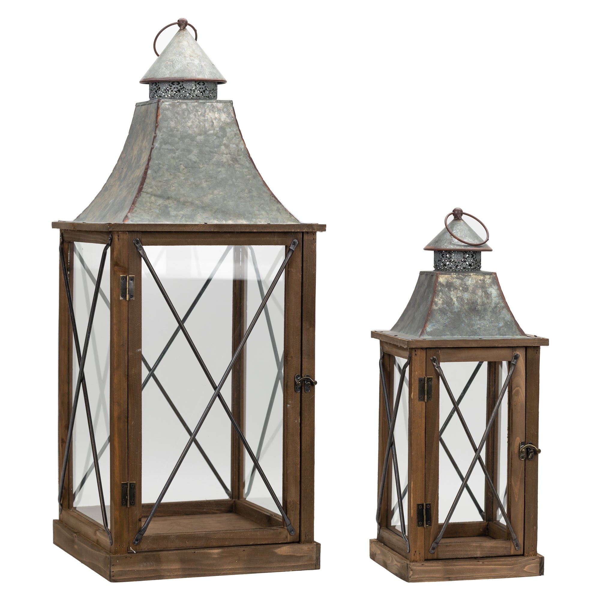 Set Of Two Brown Flameless Floor Lantern Candle Holder